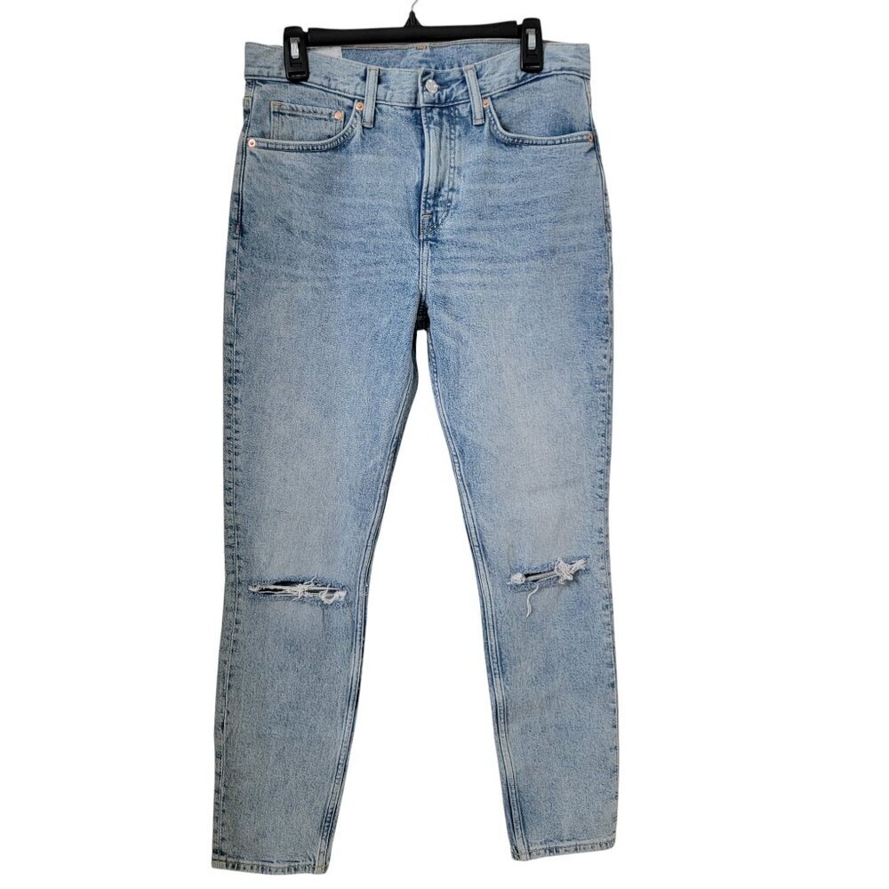 H&M Size 31/32 Medium-Light Wash Slim Fit Cropped Denim Blue Jeans, Distressed
